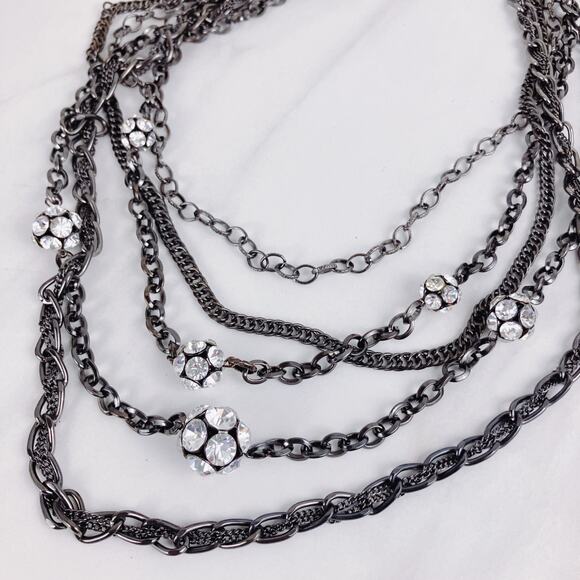Signed VCLM Multi-Strand Gunmetal Chain Necklace with Crystal Ball Accents - Picture 5 of 9